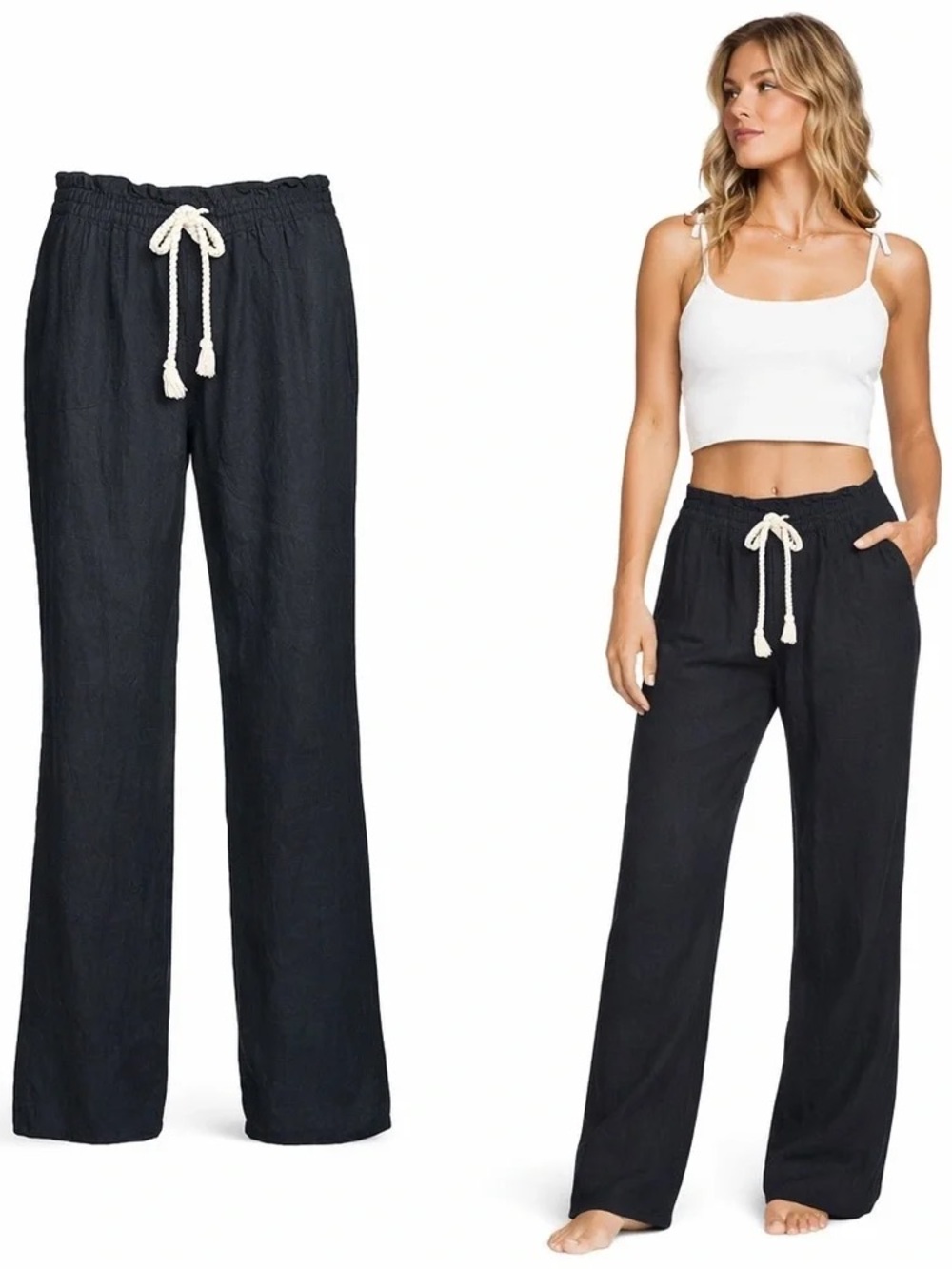 Roxy | Oceanside Black Drawstring Linen-Blend Wide-Leg Pants